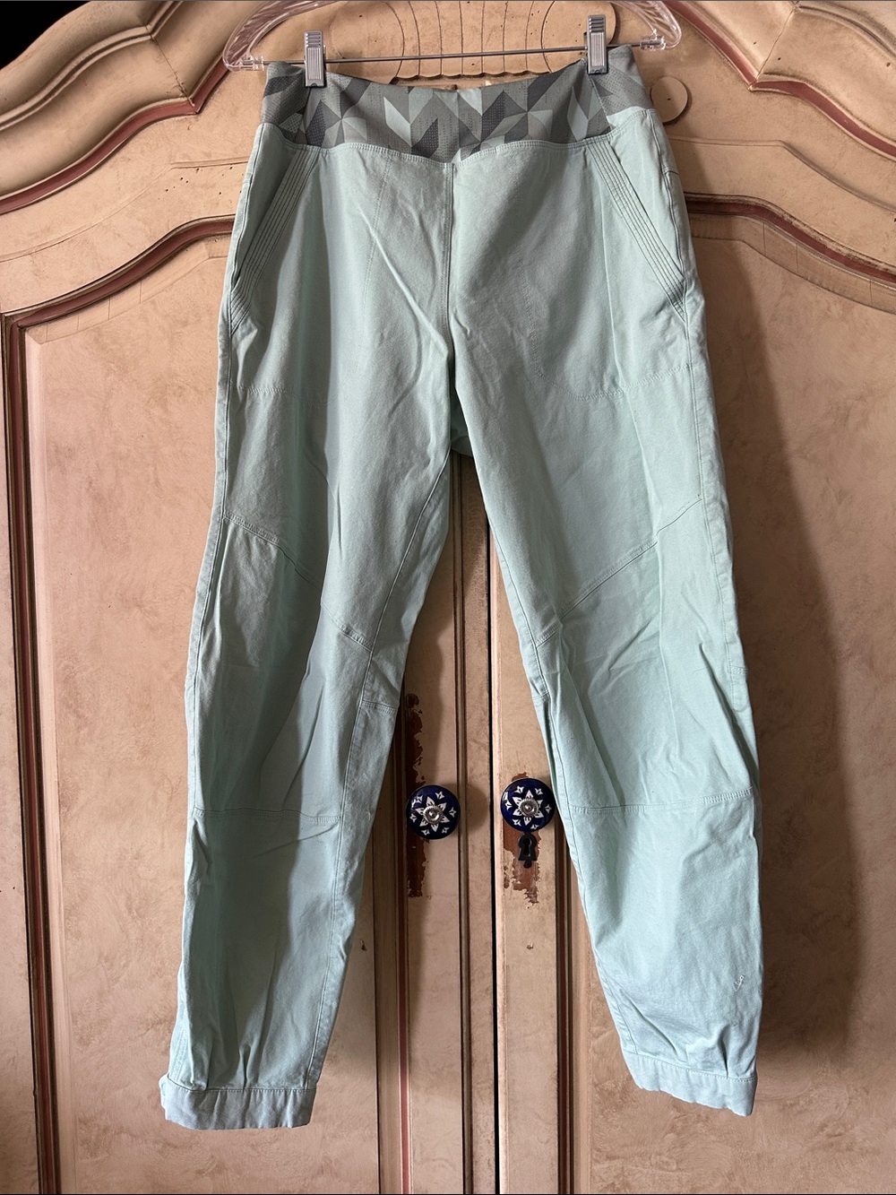 Patagonia Light Mint Green Jogger Pants with Geometric Waistband